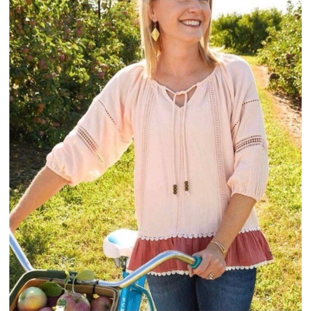 MATILDA JANE Call Me Cute Boho Beaded Tassel 100% Cotton/Lace Blouse, Sz L